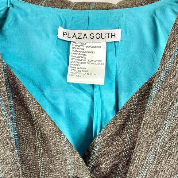 PLAZA SOUTH Vintage 90s Pinstripe Brown Blue Blazer Suit Jacket - Picture 2 of 8
